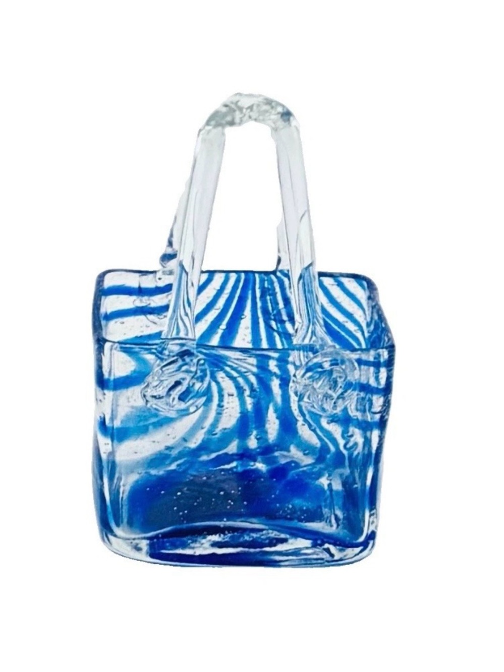 Blue And White Swirled Art Glass Handbag Vase Clear Glass Handles 6.5”
